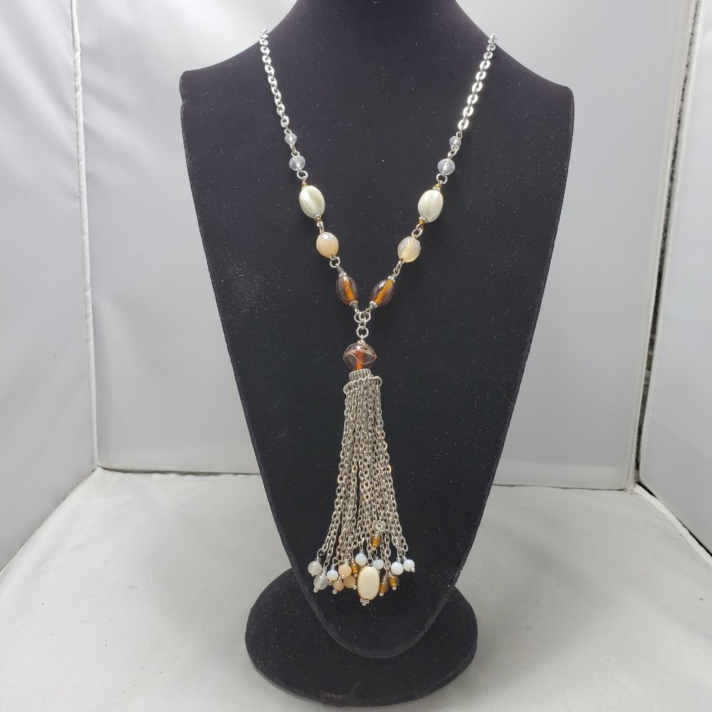 Ali Khan for Mystique natural color stone with silver chain tassel necklace